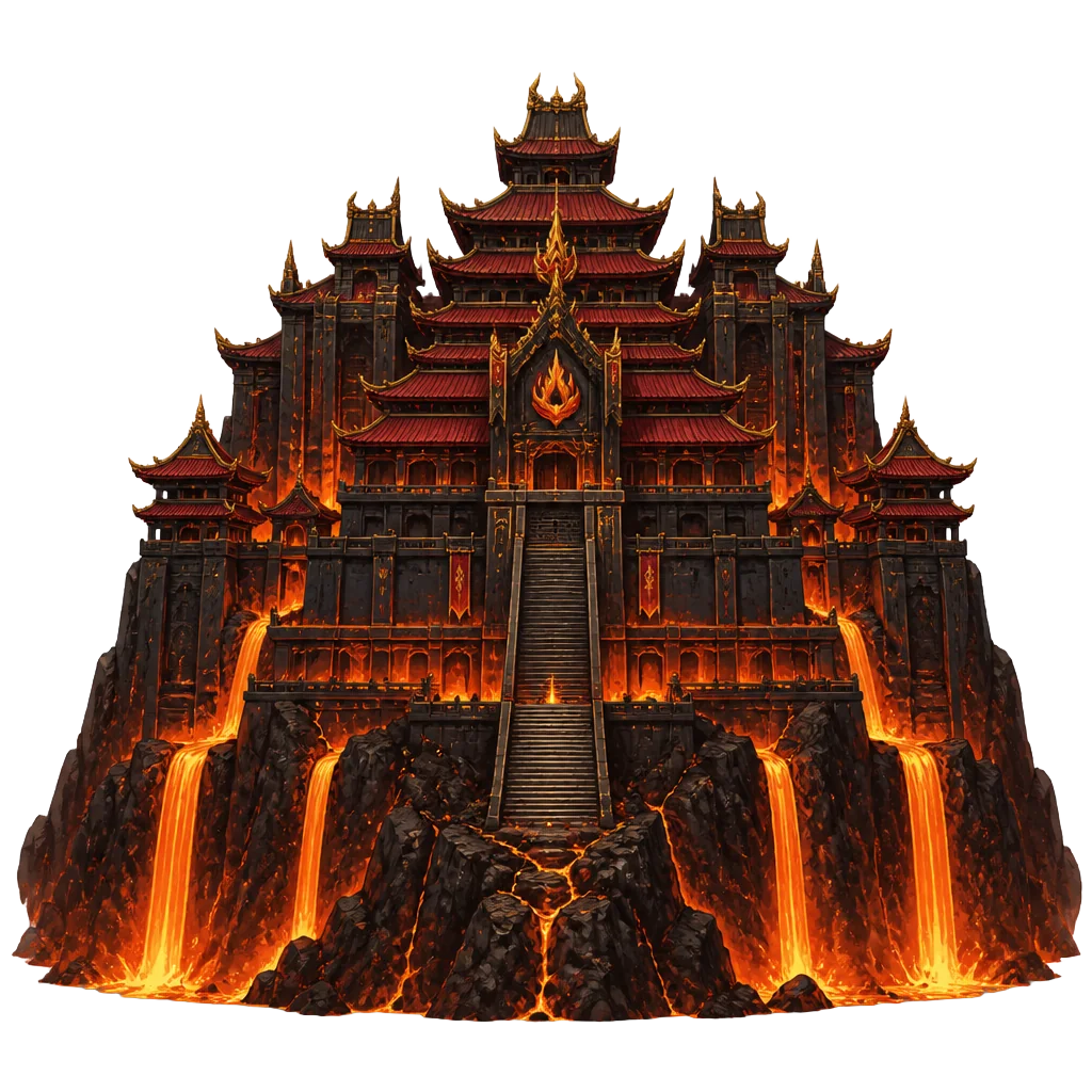 Fire Nation palace rising above molten stone
